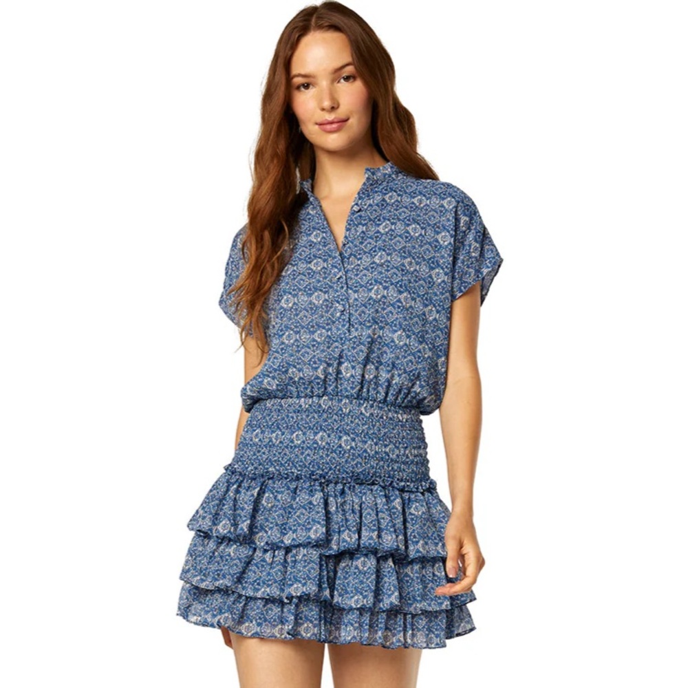 MISA Los Angeles Size Small Blue Patterned Ruffle Mini Dress